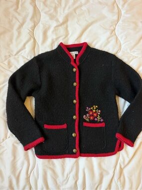 Kids Black Wool Jacket/Sweater with Red Trim and Floral Embroidery